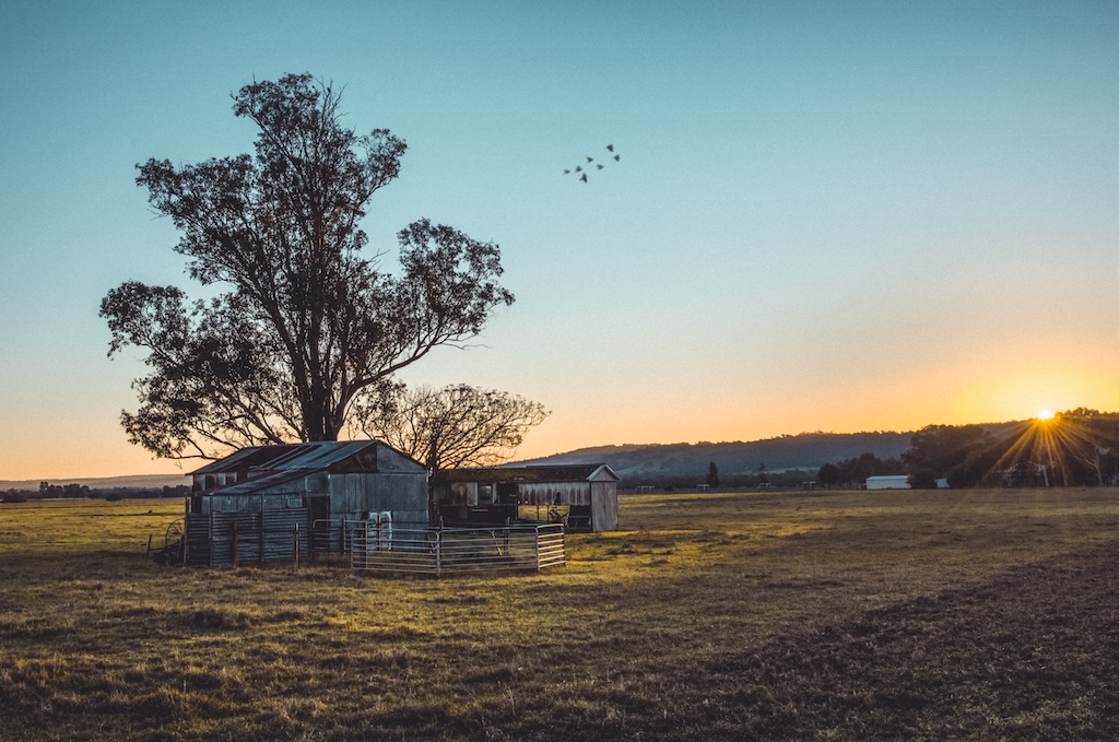 A wooden barn and a cottage on a farm wit the beautiful sunrise in the sky