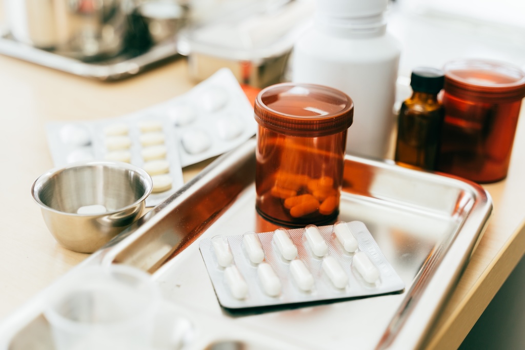 Medicines sitting on the table at detox center.